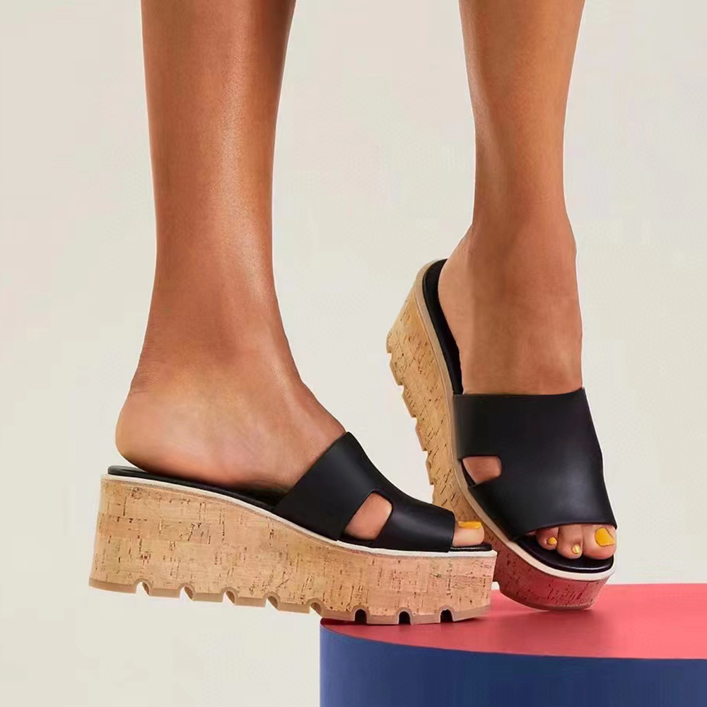 Women's Wedge Platform Slippers Designer Mule Cowhide Thick Sole Slip-on Sandals Lady Fashion Beach Leisure Outdoor Shoes Luxury Slippers 35-42 with Box