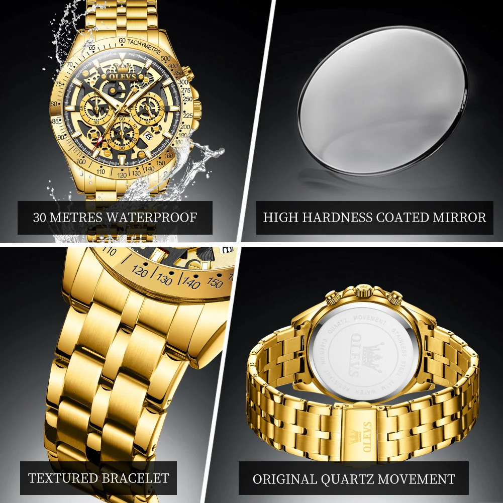 OLEVS Lxuxry Gold Mens Watches Full Skeleton Stainless steel Chronograph Wristwatch Waterproof Luminous Quartz Watch Men 241122