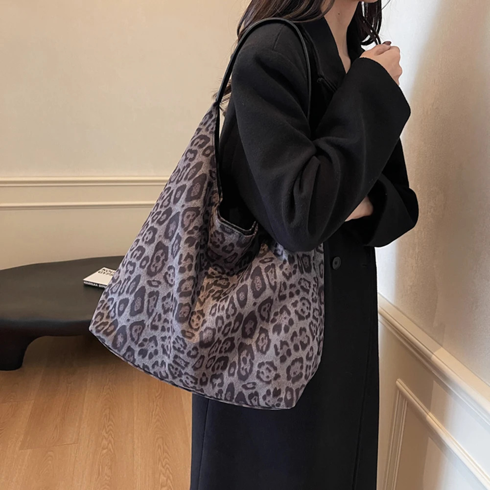 Suede Bag Winter Womens Bag Leopard Print Shoulder Bag Female Trendy Handbag Hobo Bags for Work Travel Large Tote Bag 241122