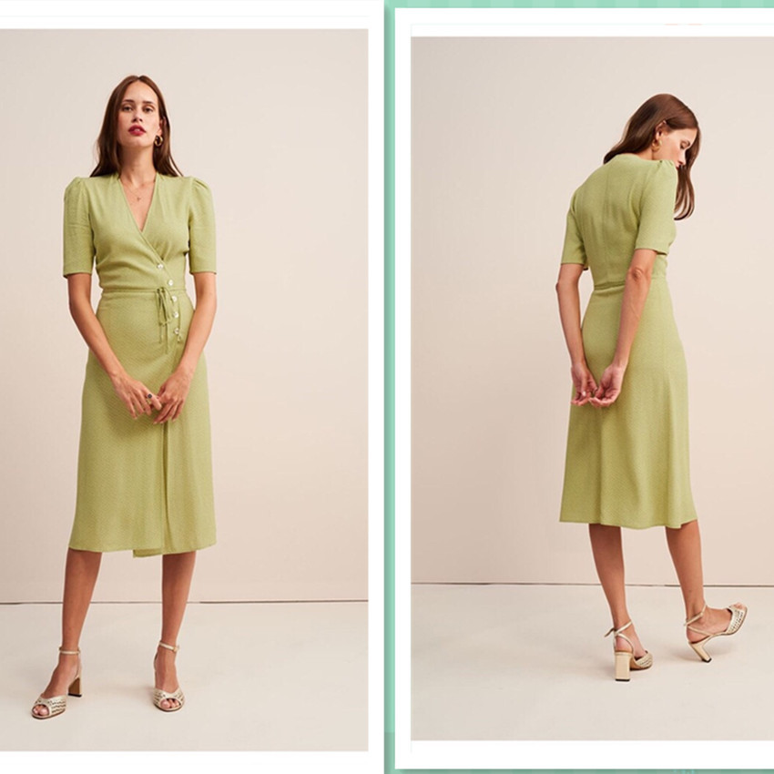 0C624M72 Women's Short Sleeved Dress Basic Casual Dresses Wavelet Dot Wrapped Skirt Silk Crepe Edition Wrapped V-neck