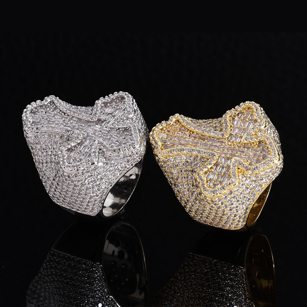 Hip Hop Cross Ring 18K Real Gold Plated TopBling 5A Cubic Zircon Religious Mens Jewelry
