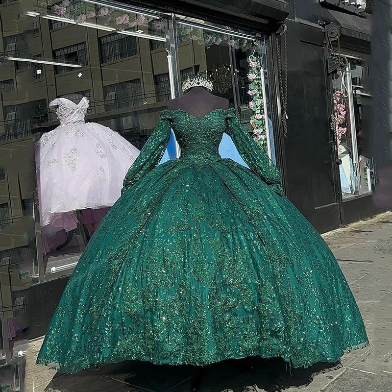Long Sleeves Lace Quinceanera Dresses Off The Shoulder Princess Prom Special Occasion Dress Back Lace-Up Dark Green Vestido De 15 VX Anos Sweet 16 Dre