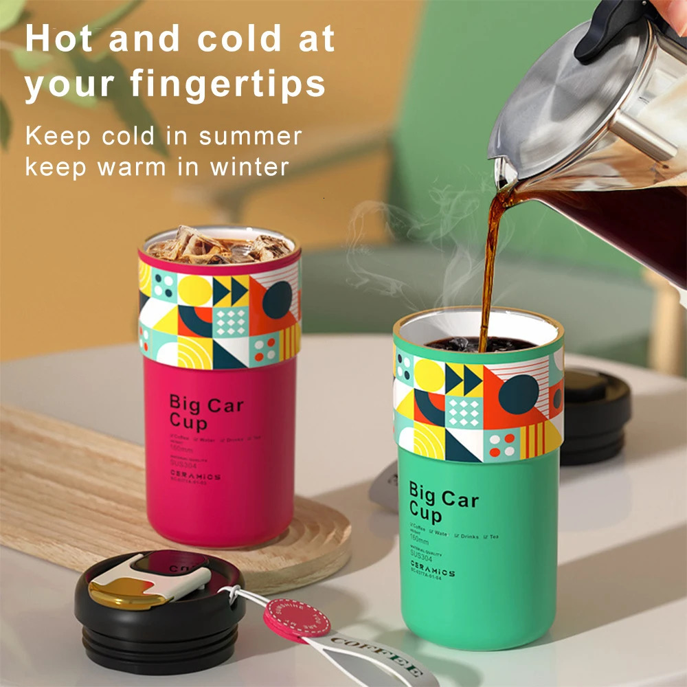 stampup 410ML Ceramic Liner Thermos Coffee Cup Double Wall Stainless Steel Insulated Cups For Thermal Mug Tumbler Gifts 241121 W260226