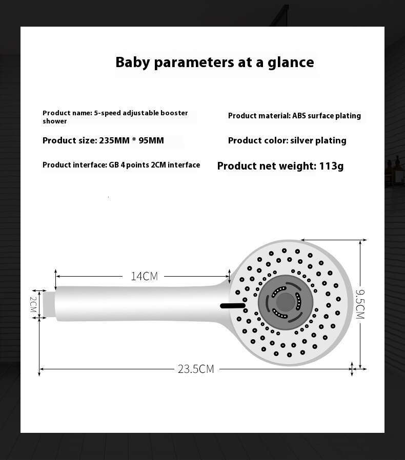 Handheld new material, five level adjustment, bathroom shower head, strong pressurization, water-saving showerhead