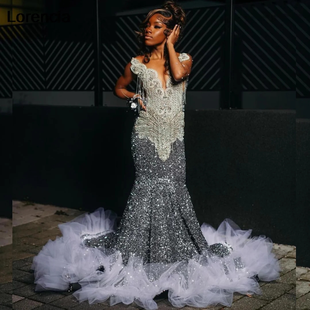 Sier Mermaid Sequins Prom Dress For Black Girls Handmade Diamond Beaded Party Gowns Vestidos De Gala