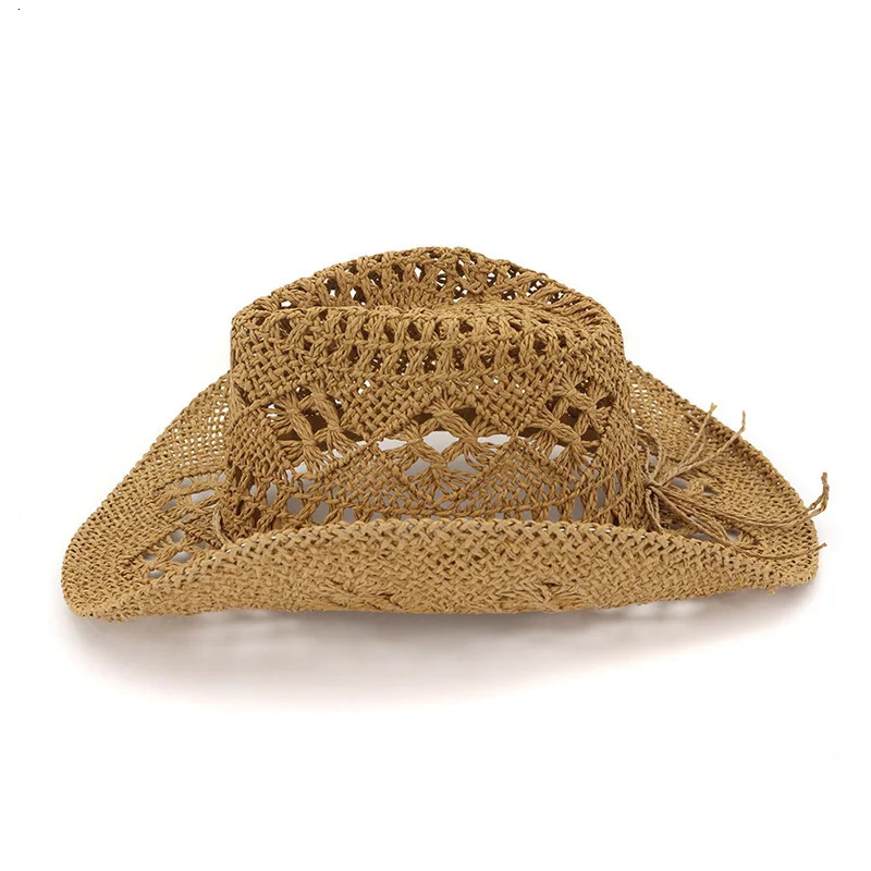 Fashion Hollowed Handmade Cowboy Straw Hat Women Men Summer Outdoor Travel Beach Hats Unisex Solid Western Sunshade Cap 2023 240415