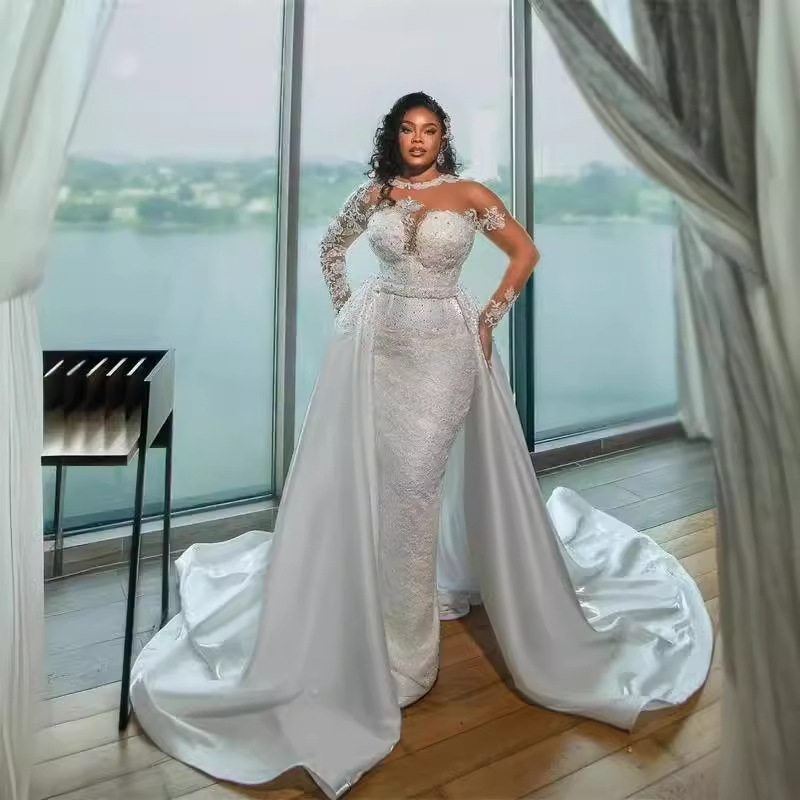 Mermaid African Wedding Dress With Detachable Train O Neck Long Illusion Sleeves Lace Appliques Bride Gown Vestidos De Novia Custom Made