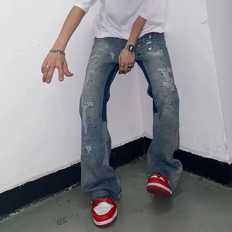 Y2K Streetwear Baggy Ripped Jeans Pants Men Clothes Washed Blue Straight Hip Hop Denim Trousers Ropa Hombre 240420