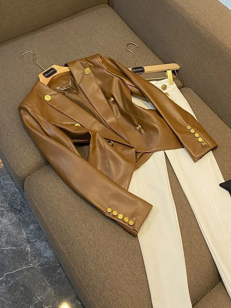 Fashion Slim Fit PU Leather Jacket Women Clothing Autumn/Winter Business Outfits Gold Button Black Suit Blazer Women Coat 241122