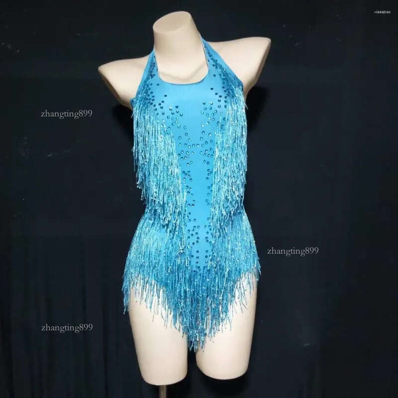 Stage Wear Multicolored Shining Tassel Fringe Rhinestones Halter Backless Sexy Women Leotard Bodysuit Nightclub Wears Pole Ballroom Cloth