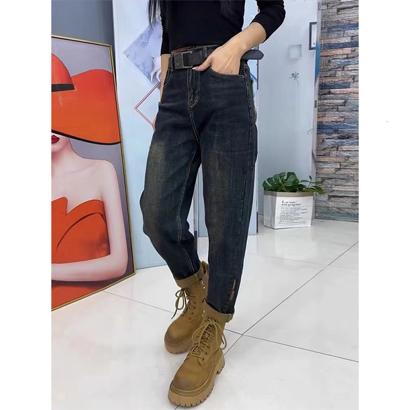 New plus size Haren stretch straight leg designer jeans for women in autumn winter, loose fit, slim and high waisted, dad carrot pants