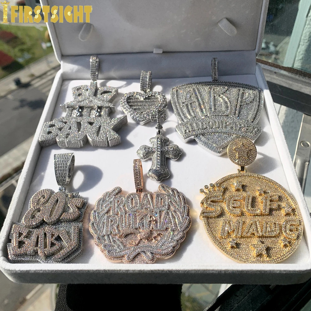 Letter Self Made Pendant Necklace Iced Out Bg 5A Zircon CZ Heavy Chunky Round Badge Charm Men Fashion Hip Hop Jewelry 241122