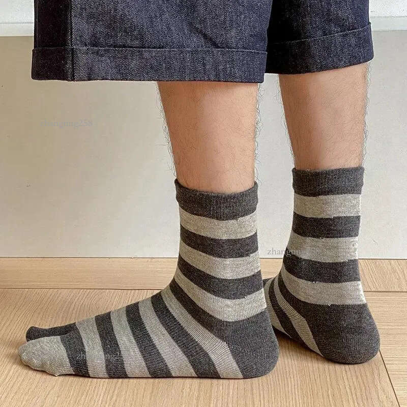 Men's Socks 2 Finger Slipper Cotton Tabi Toe Mid-tube Autumn Winter Warm Sweat-absorbing Striped Two Toed Flip-flop