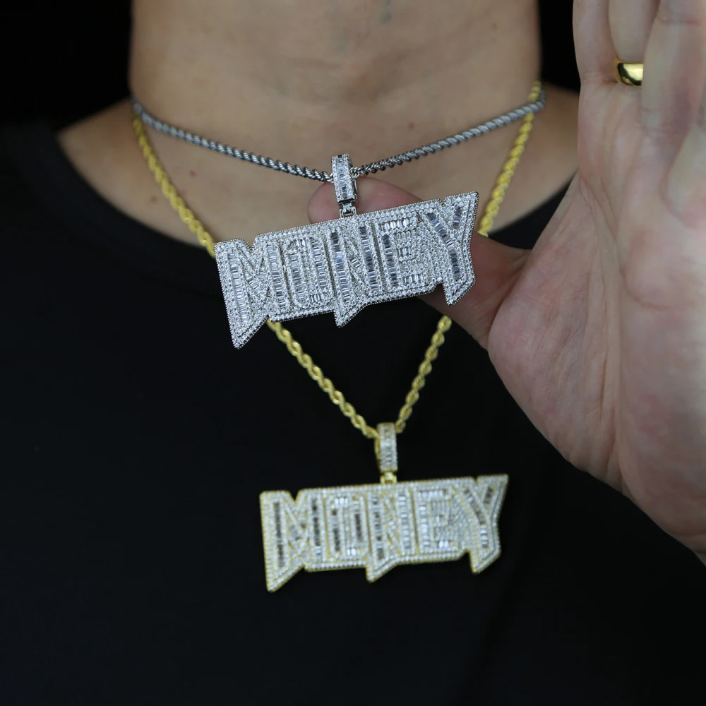 Iced Out Bling Letters Money Pendant Necklace Gold Silver Color Rectangle CZ Zircon Charm Mens Women Hip Hop Jewelry 241122 - view 6