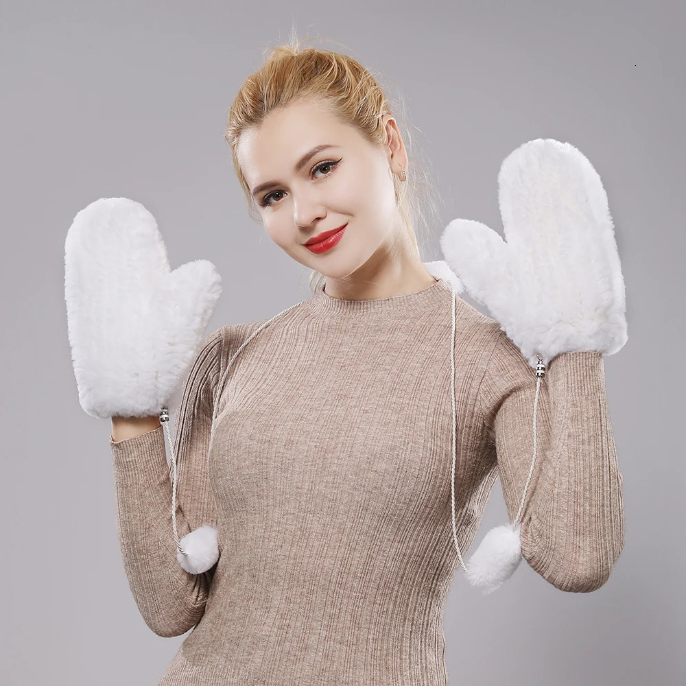 Womens real fur gloves knitted winter gloves natural Rex rabbit fur womens winter warm thick natural Rex rabbit fur gloves 241122