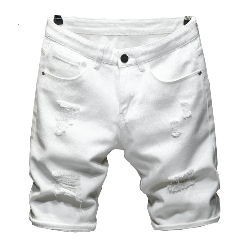 Summer White black Men Ripped Hole Denim Shorts Slim Casual Knee Length Short Straight Hole Jeans Shorts Bermuda for men 240415