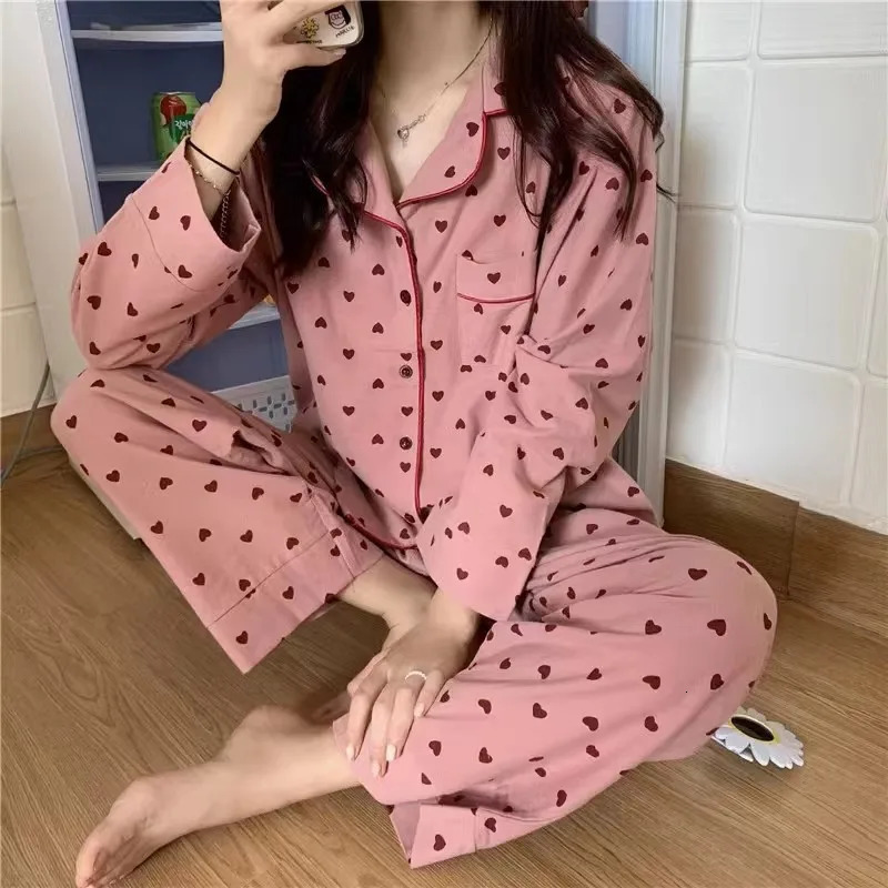 Cotton Sleepwear Korean Pajamas Women Spring Cute Heart Print Pyjamas Long Sleeve Pijama Female Set Negligee Cardigan Suit 241120
