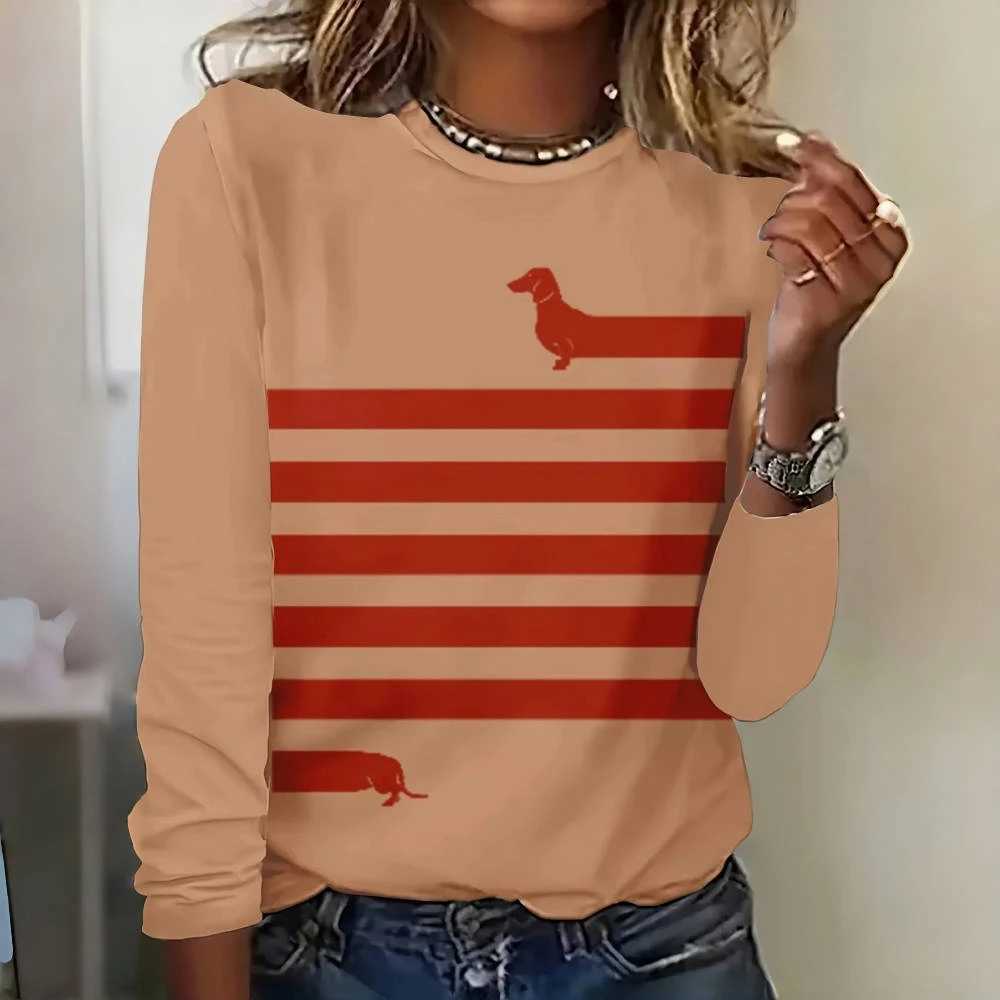 2024 New Womens Simple Striped T-Shirt Funny Christmas Dachshund Printed Long Sve T-Shirt Designer ClothingX241122