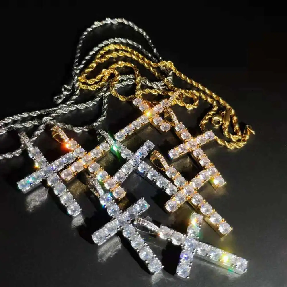 Fashion Simple Bling Cross Jewelry Iced Out Cubic Zirconia Diamond 18k White Gold Plated Cross Pendant Necklace For Men Women 241122