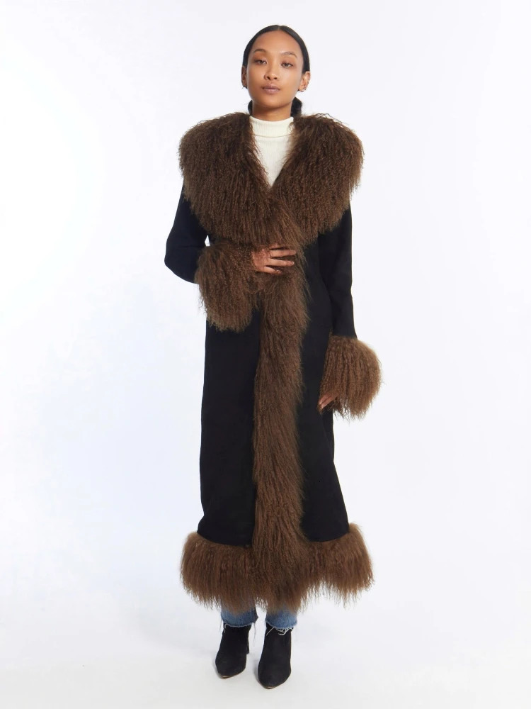 Faux Mongolian Fur Trim Coats for Women Fully Cotton Lined Suede Maxi Winter Jackets Warm XLong Hook Closure RR2813 241121