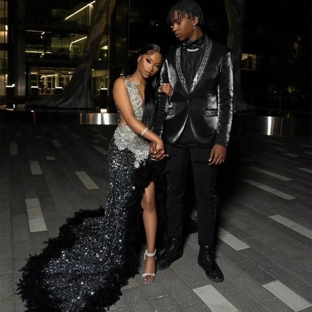 Glitterblack Sequin Feathers Prom Dress For Black Girls Applique Beading Rainstones Formal Party Gown Robe De Soiree