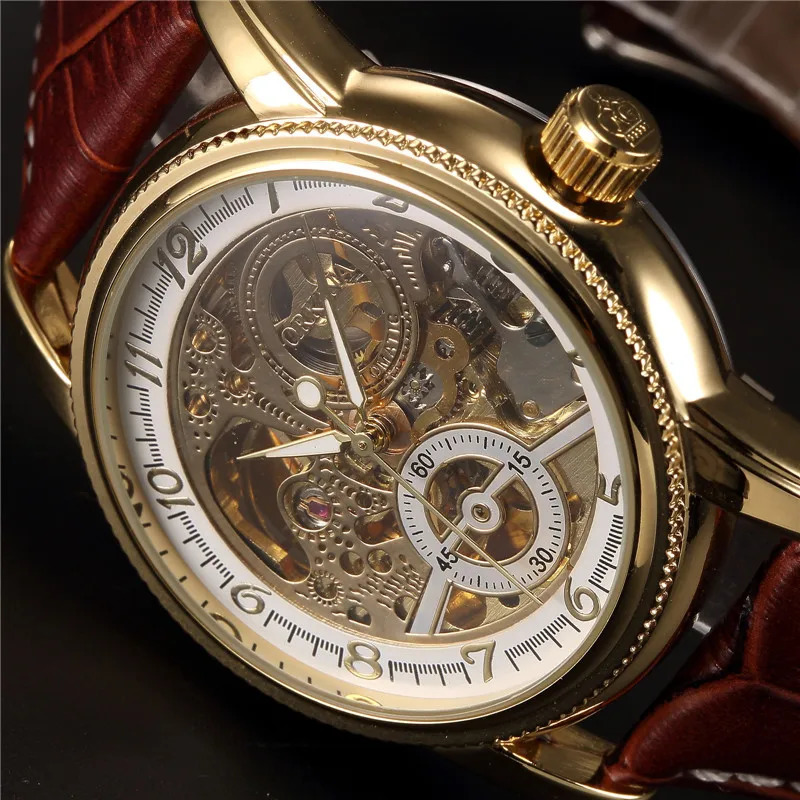 Men Wrist Watches Golden Skeleton Mechanical Steampunk Male Clock Automatic Wristwatch Leather Strap Herren Horloges 241122