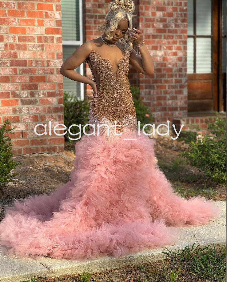 Rose Pink Ruffles Mermaid Prom Birthday Gala Dresses for Black Girl 2024 Sparkly Diamond Luxury Evening Ceremony Party Gown
