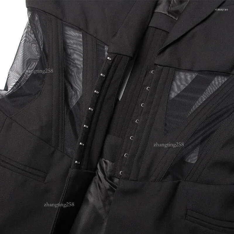 Women's Suits Black Casual Blazer For Women Sexy Mesh See Through Slim Blazers Autumn Winter Fashion Long Sleeve Button Club Party Coats