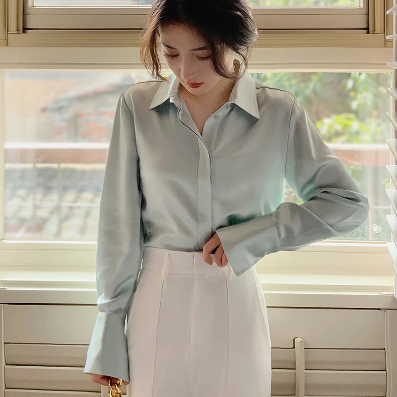Womens Satin Blouse Long Sleeve French Fashion Solid Color Shirts Office Lady Clothes Elegant Woman Korean Ladies Wear 241121