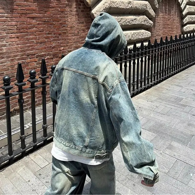 Mens Denim Set Loose Vintage Cowboy Hooded Pullover wide-leg Jeans Male 2-piece Set Japanese Street Autumn Solid Color Suits 240415