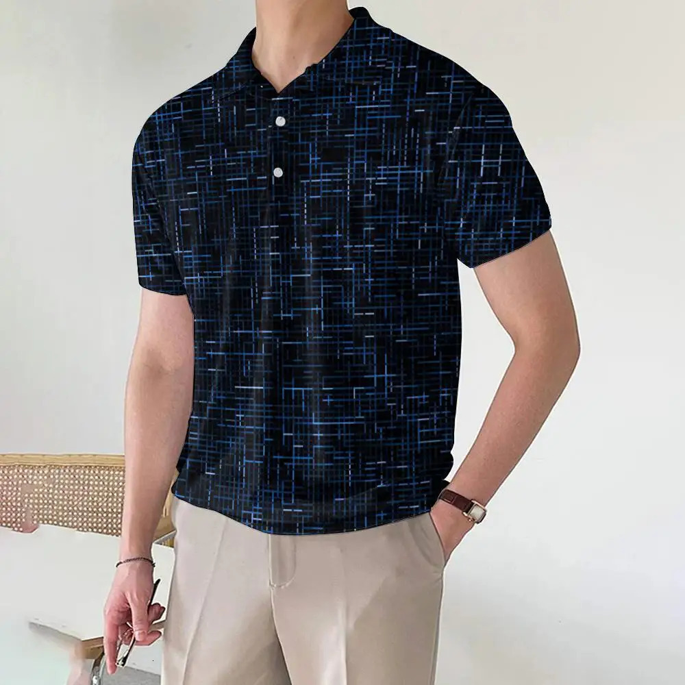Mens Polo Shirts Fashion Short Sleeve Tops 3d Printed Plaid Man Casual Loose Blous 240420