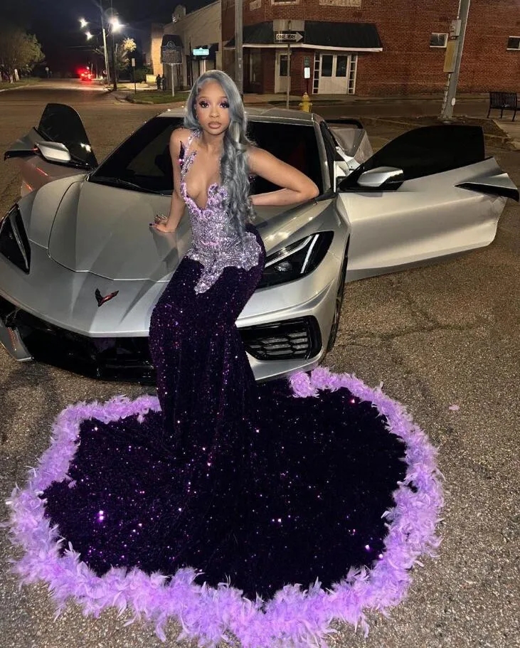 Purple Sequins mermaid Prom Dresses with Feathers 2024 Halter Neck Plus Size Formal Evening Ocn Gowns For Black Girl Vestidos
