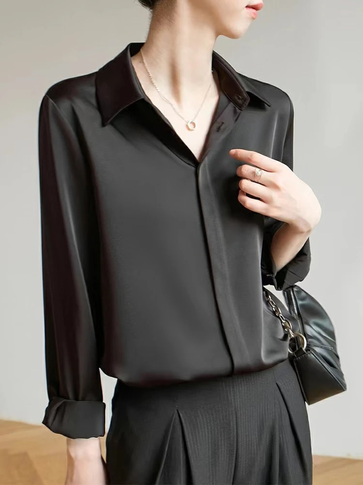 Womens Satin Blouse Long Sleeve French Fashion Solid Color Shirts Office Lady Clothes Elegant Woman Korean Ladies Wear 241121
