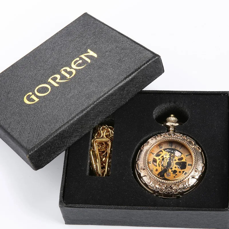 Gold Steampunk Pocket FOB Watch Chain Carving Double sided Open Case Handwind Mechanical Pocket Watch Relogio De Bolso 241122