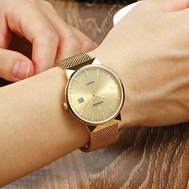 Fashion Wwoor Top Men Simple Slim Watches Gold Steel Mesh Ultra Thin Waterproof Date Wrist Watch Golden Clock 241122