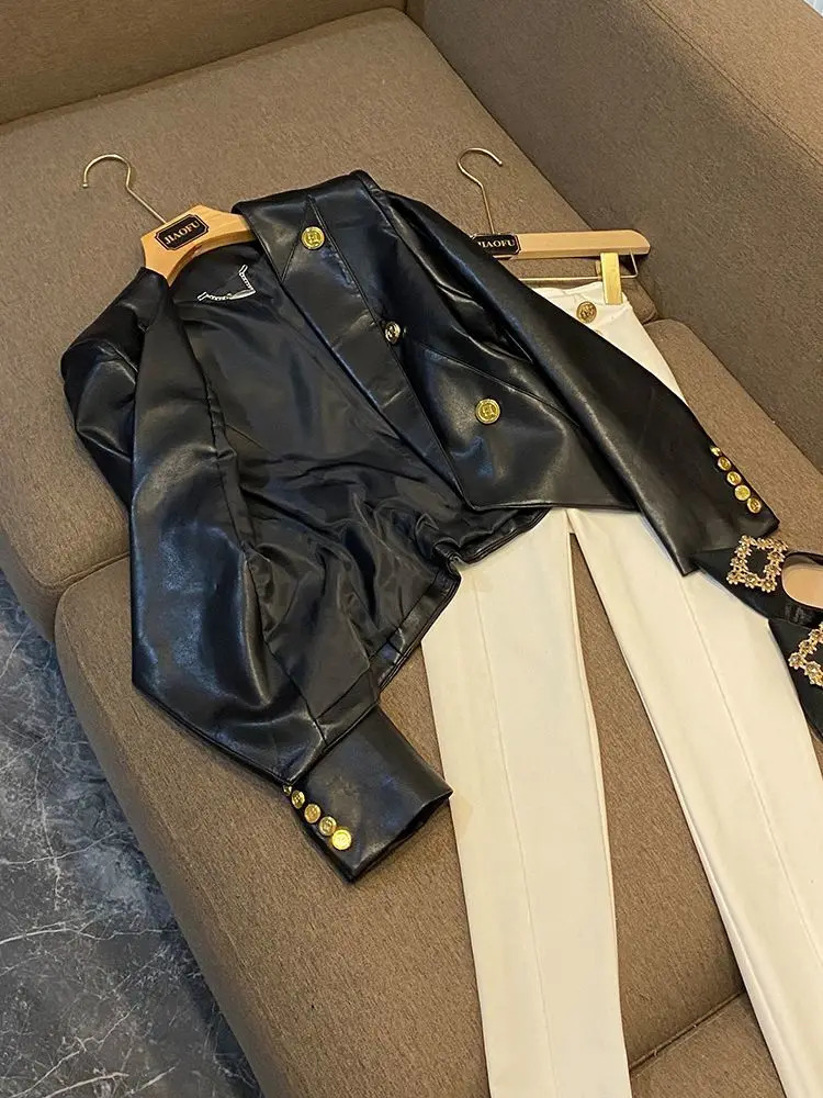 Fashion Slim Fit PU Leather Jacket Women Clothing Autumn/Winter Business Outfits Gold Button Black Suit Blazer Women Coat 241122