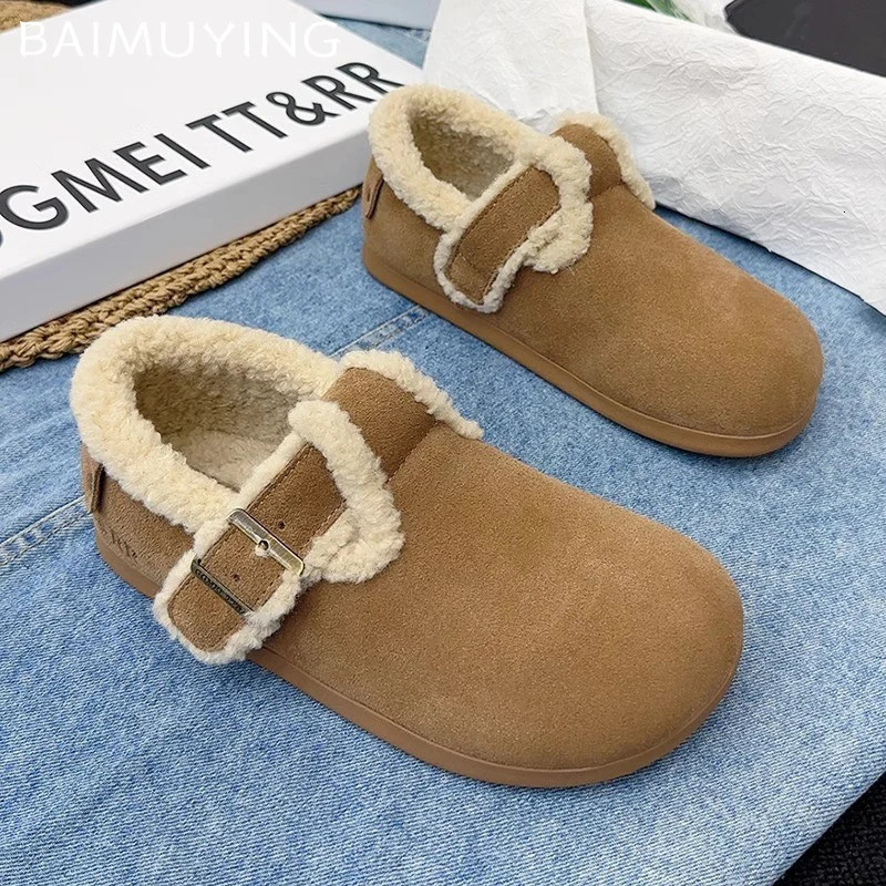 Fur Suede Women Flats Snow Boots Short Plush Casual Buckle Cotton Shoes Trend Walking Warm Cozy Winter Botas De Mujer 241122