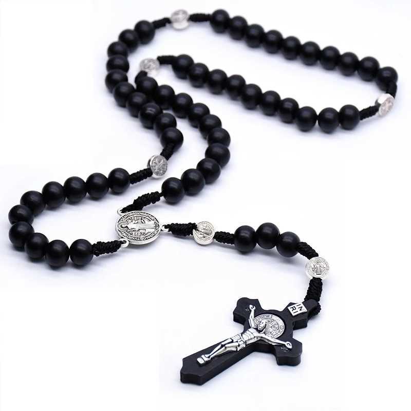 QIGO Religious Wooden Antique Black Cross Rosary Pendant Necklaces Jesus Saint Benedict Beaded Necklace for Men Women JewelryX241122