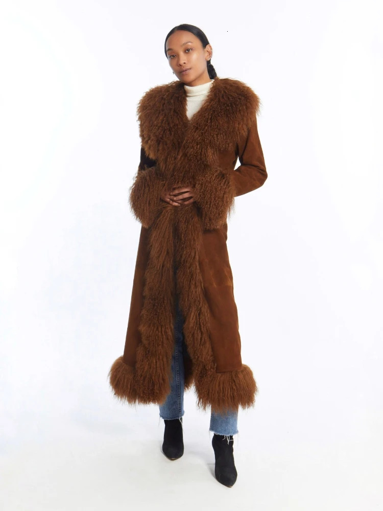 Faux Mongolian Fur Trim Coats for Women Fully Cotton Lined Suede Maxi Winter Jackets Warm XLong Hook Closure RR2813 241121