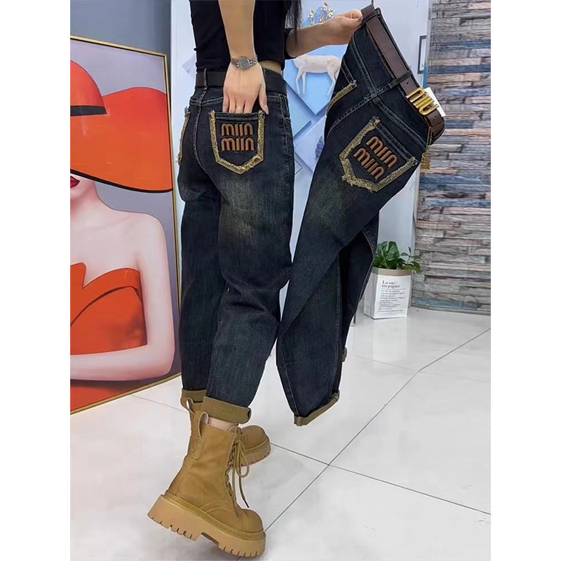 New plus size Haren stretch straight leg designer jeans for women in autumn winter, loose fit, slim and high waisted, dad carrot pants