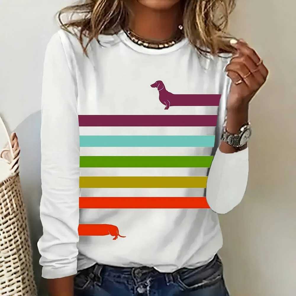 2024 New Womens Simple Striped T-Shirt Funny Christmas Dachshund Printed Long Sve T-Shirt Designer ClothingX241122
