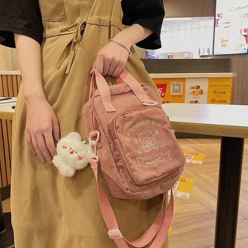 2025 NEW Evening Bags Women Corduroy Crossbody Cute Bear Transparent Design Canvas Zipper Shoulder Messenger Bag Phone Money Handbags For Girls zhanyi