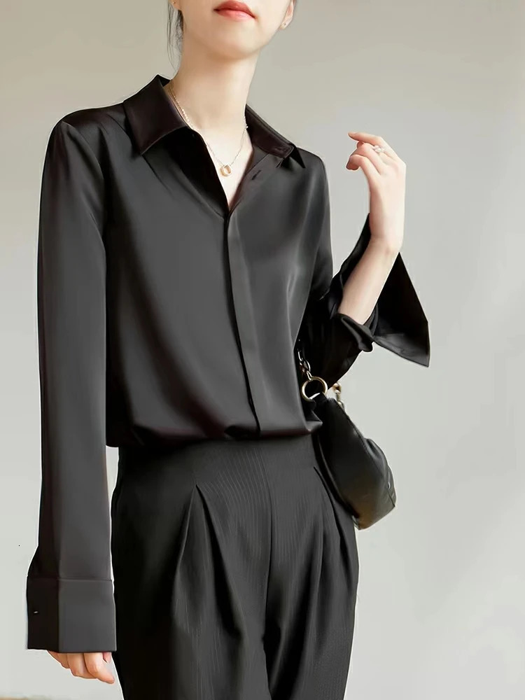 Womens Satin Blouse Long Sleeve French Fashion Solid Color Shirts Office Lady Clothes Elegant Woman Korean Ladies Wear 241121
