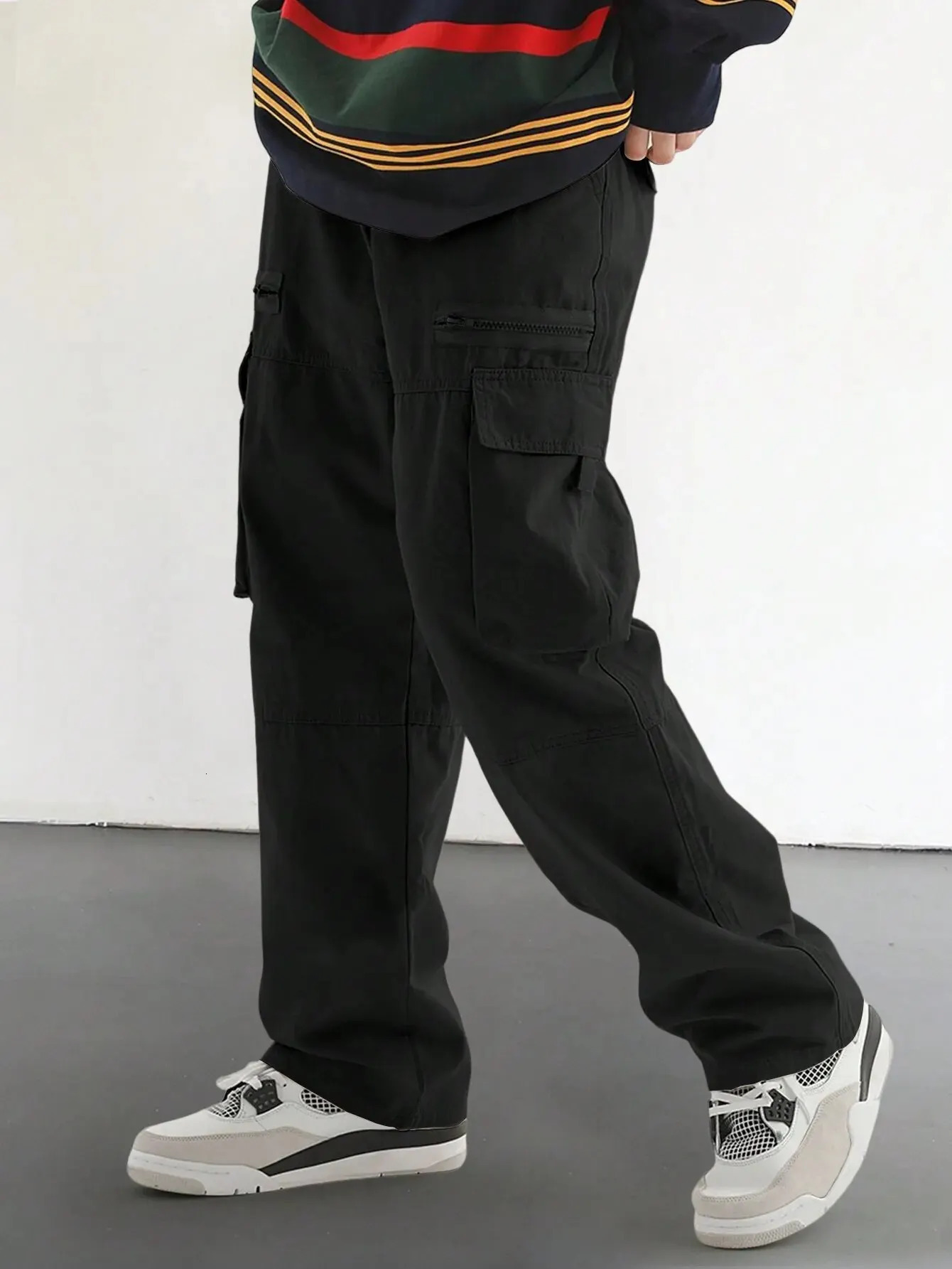Solid Multi Flap Pockets Straight Leg Cargo Mens Work Loose Casual Outdoor Baggy Pants Trendy Streetwear Z260315