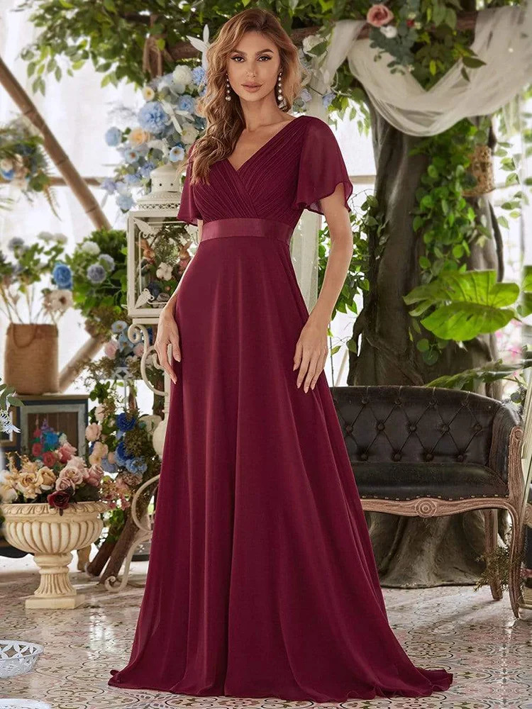 Women Pink Bridesmaid Dresses Long Elegant A Line Double V Neck Ruffles Chiffon Formal Wedding Party Dress Long Prom Dress 240420
