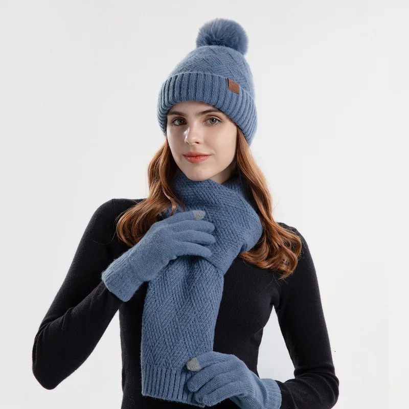 Winter fashion knitted lady wool hat warm hat scarf gloves three-piece set ear protection cap woman 241122