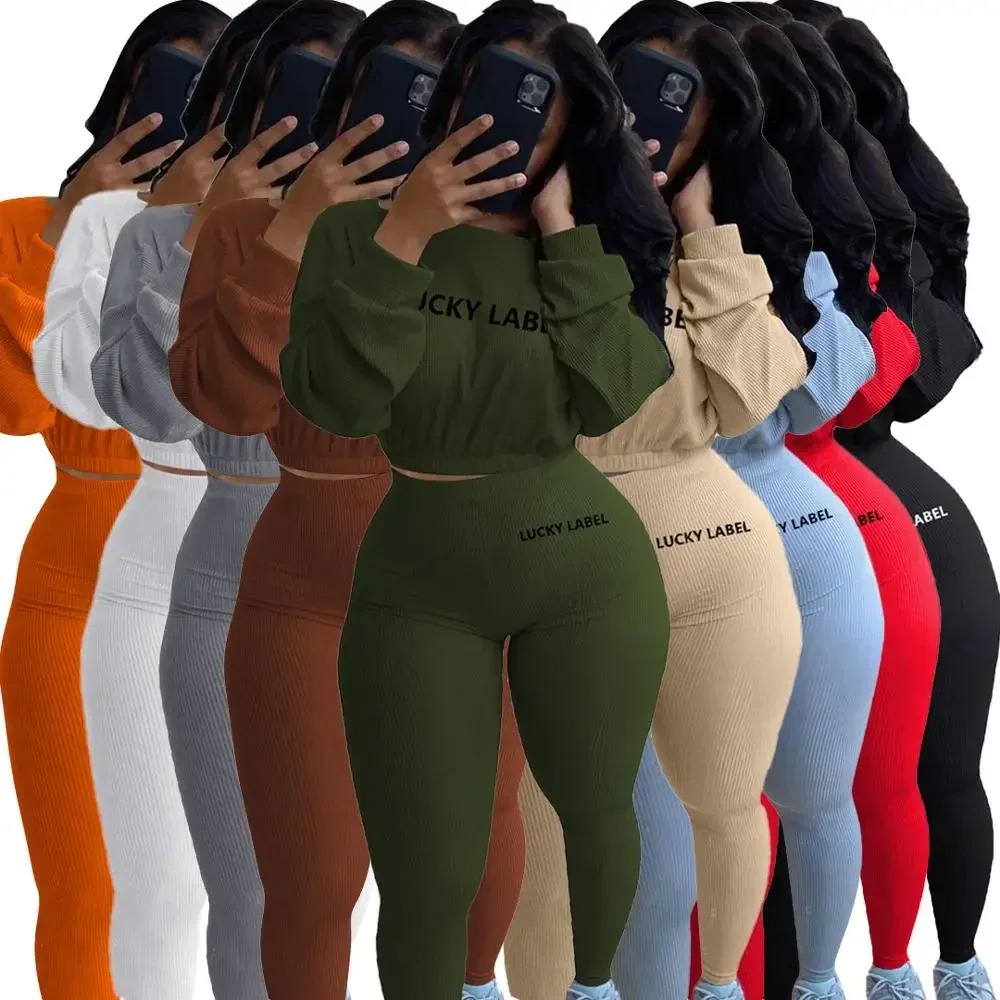 Fashion Summer Solid Lucky Label Letter Embroidery Two Piece Sets Women SweatshirtLeggings Casual Sporty Tracksuits Female 241122