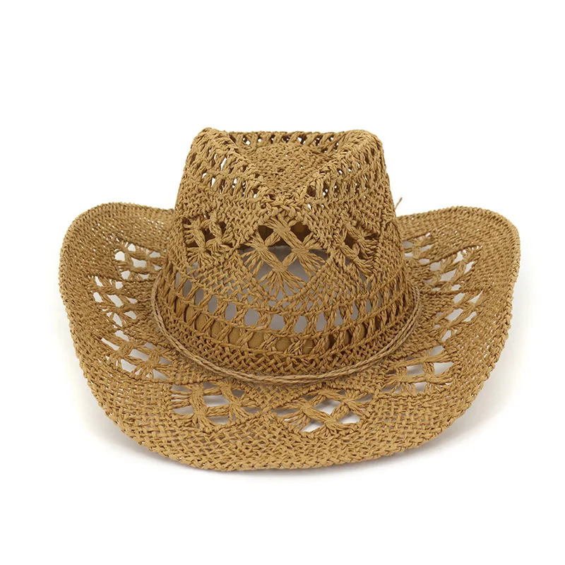 Fashion Hollowed Handmade Cowboy Straw Hat Women Men Summer Outdoor Travel Beach Hats Unisex Solid Western Sunshade Cap 2023 240415