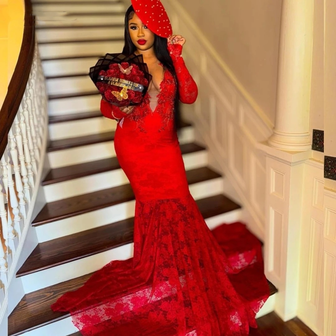 Sexy Red Mermaid Prom Dress For African Black Girls V Neck Crystals Beaded Formal Party Gowns Vestidos De Gala 0431
