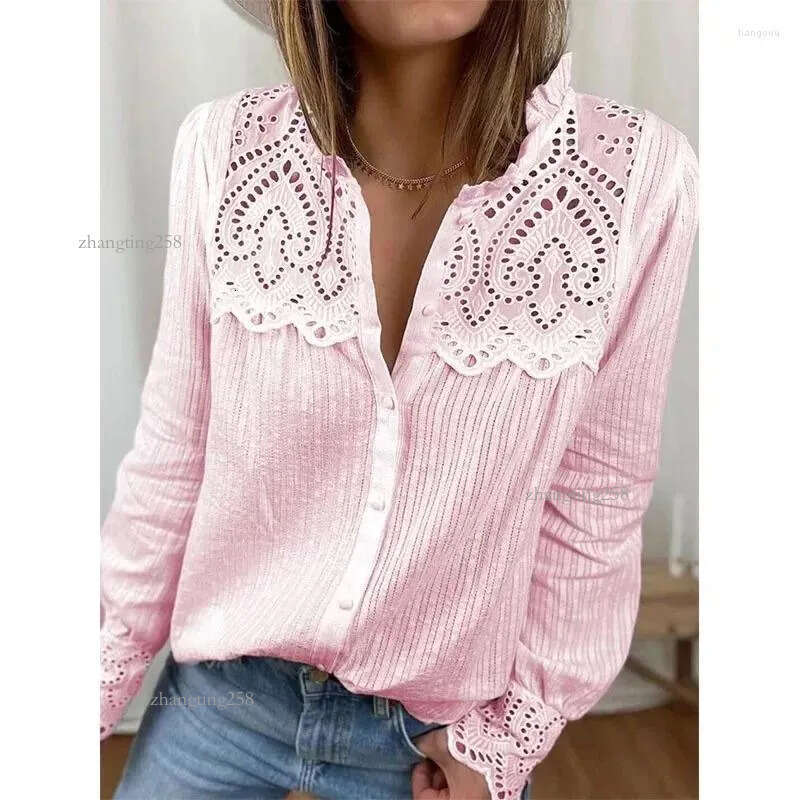 Women's Blouses Fashion Hollow Out White Lace Shirt Woman Long Sleeve Stand Collar Casual Blouse Elegant Single Breasted Tops Blusas 29363